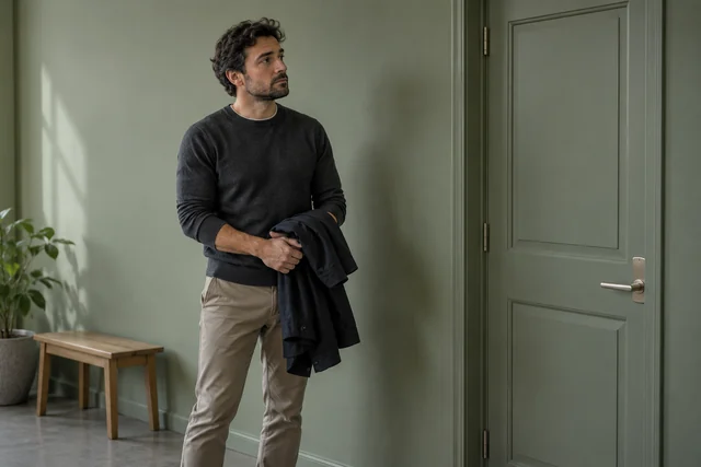 Un hombre adulto espera junto a una puerta cerrada; alterna el peso entre los pies y sostiene su chaqueta en las manos, con impaciencia contenida y postura natural.