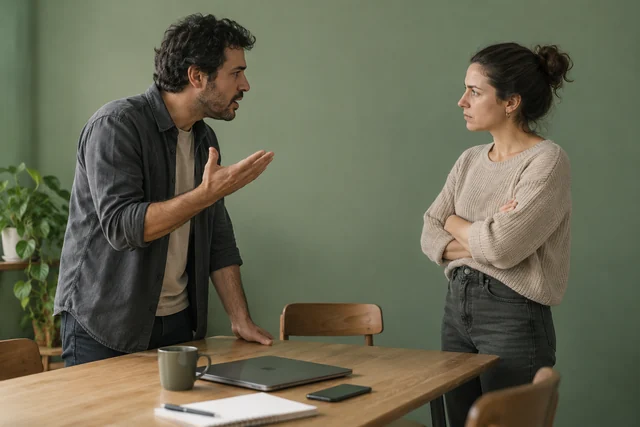 Dos adultos discuten de pie a los lados de una mesa; uno alza la palma mientras habla con tensión y el otro mantiene distancia. No violencia ni contacto físico.