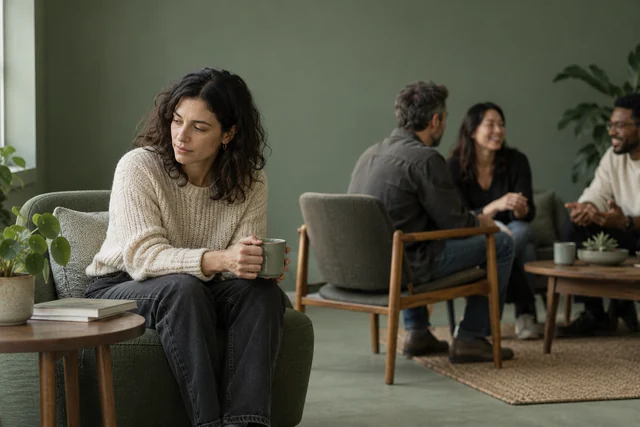 Un adulto se sienta apartado de una pequeña reunión y mira hacia una mesa lateral, buscando un momento de tranquilidad; el resto del grupo aparece lejano y desenfocado, sin estereotipos.
