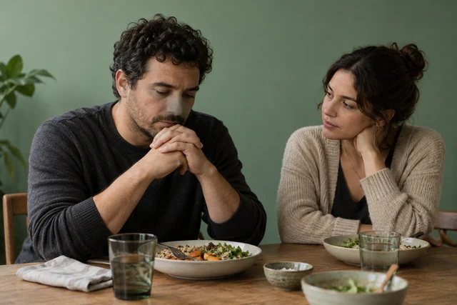 Un adulto de complexión corriente permanece sentado ante una comida cotidiana, con el tenedor apoyado y las manos juntas; otra persona escucha con atención a su lado. Escena digna, sin enfoque en peso o silueta.