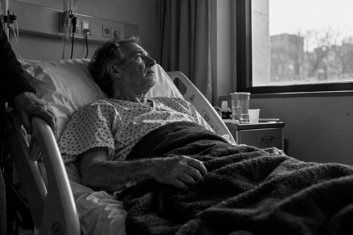 Un hombre descansa en una cama de hospital junto a una ventana.