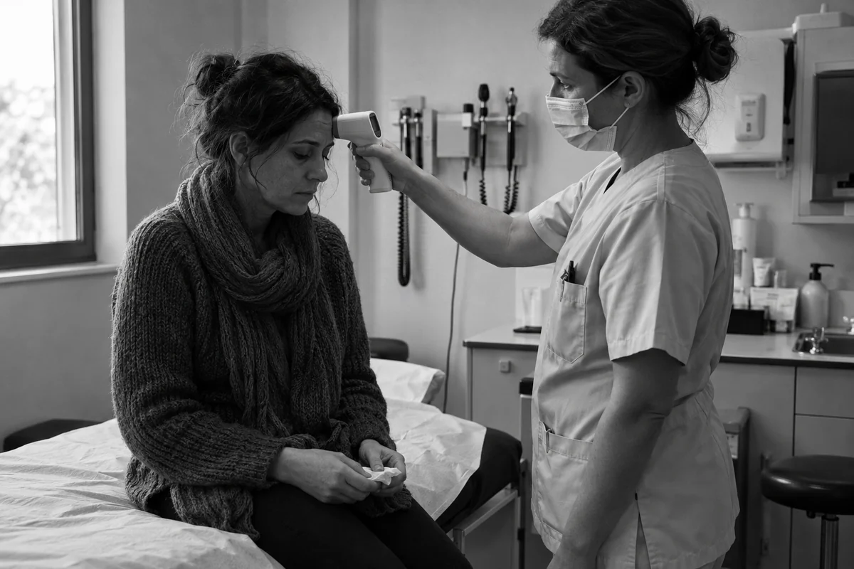 Una enfermera mide la temperatura a una mujer sentada en una consulta.