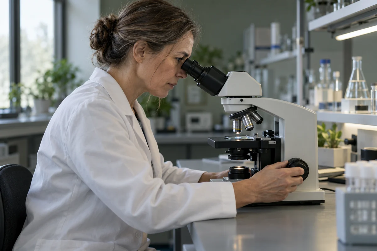 Una investigadora ficticia ajusta el enfoque de un microscopio en un laboratorio.
