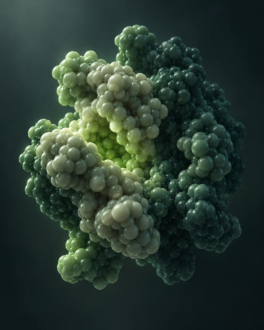 Escultura molecular conceptual en tonos salvia, generada para ilustrar el archivo