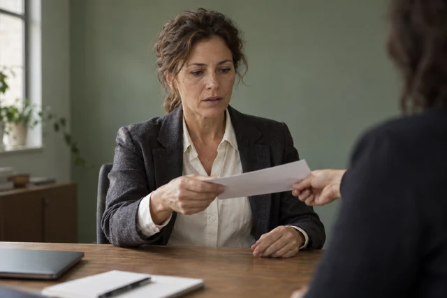 Escena ficticia: una mujer recibe una noticia inesperada sobre su empleo.