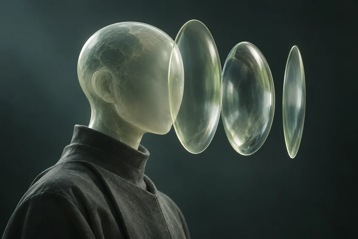 Psique: busto de resina frente a lentes translúcidas, metáfora de la mirada subjetiva
